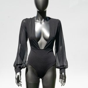 Deep V-Neck Black Sheer Sleeve Bodysuit - Women Tops